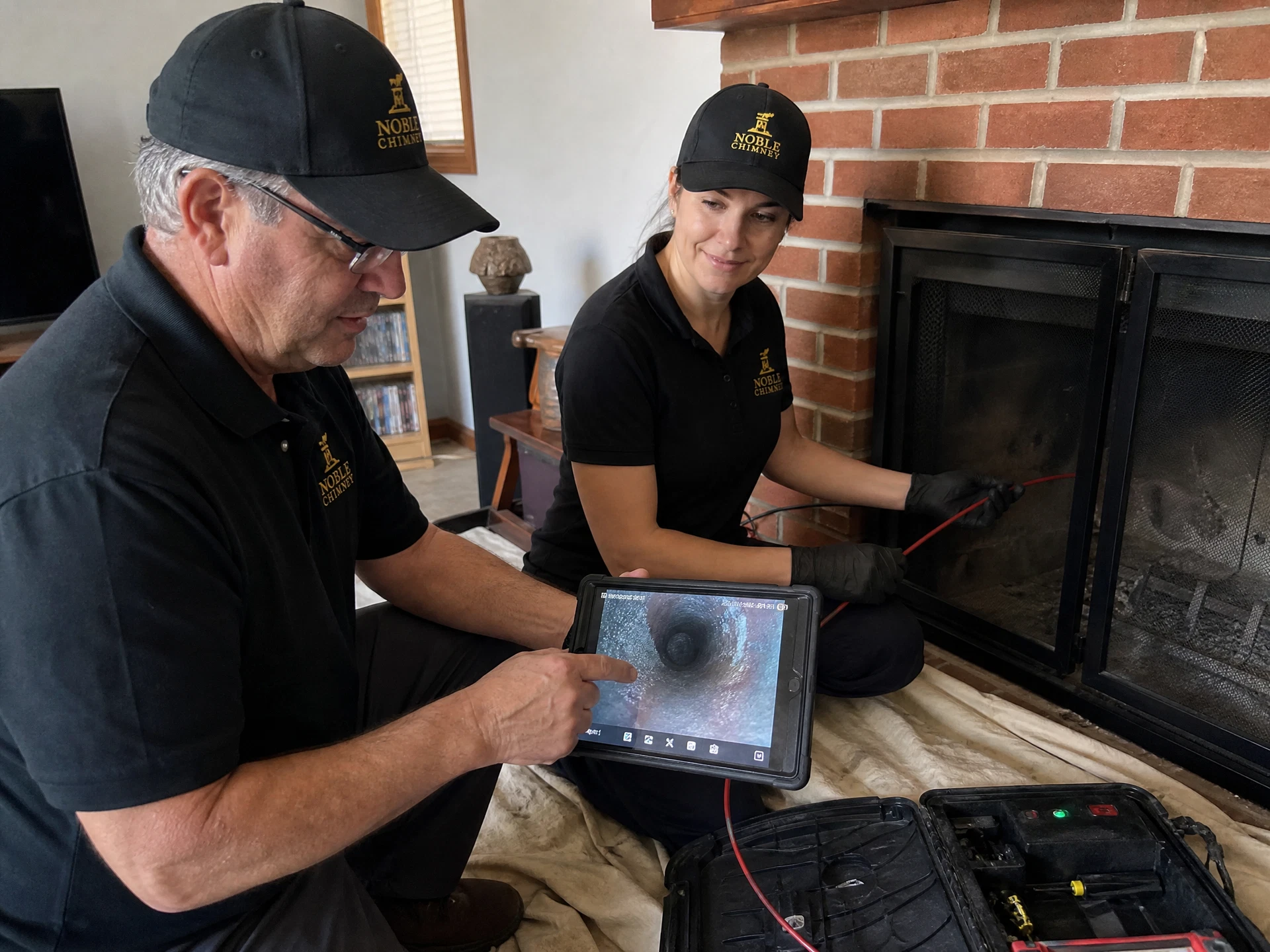 Noble Chimney technicians reviewing flue camera footage with a homeowner