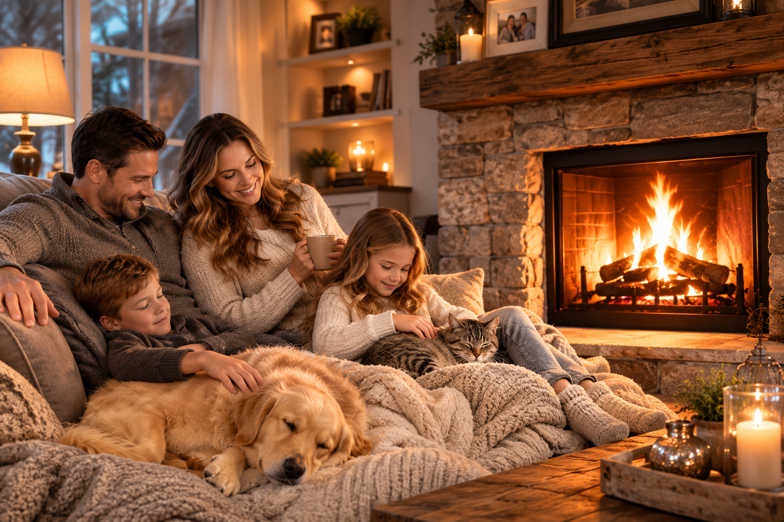 Family relaxing safely by their fireplace