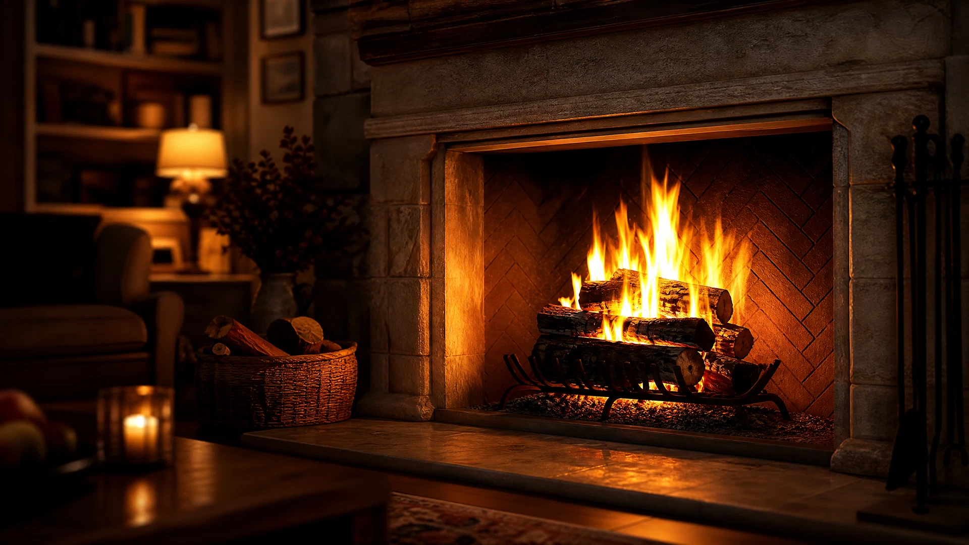 Beautiful roaring fire in a stone fireplace
