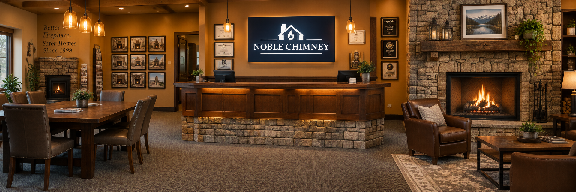 Noble Chimney showroom with stone fireplace and warm welcome area