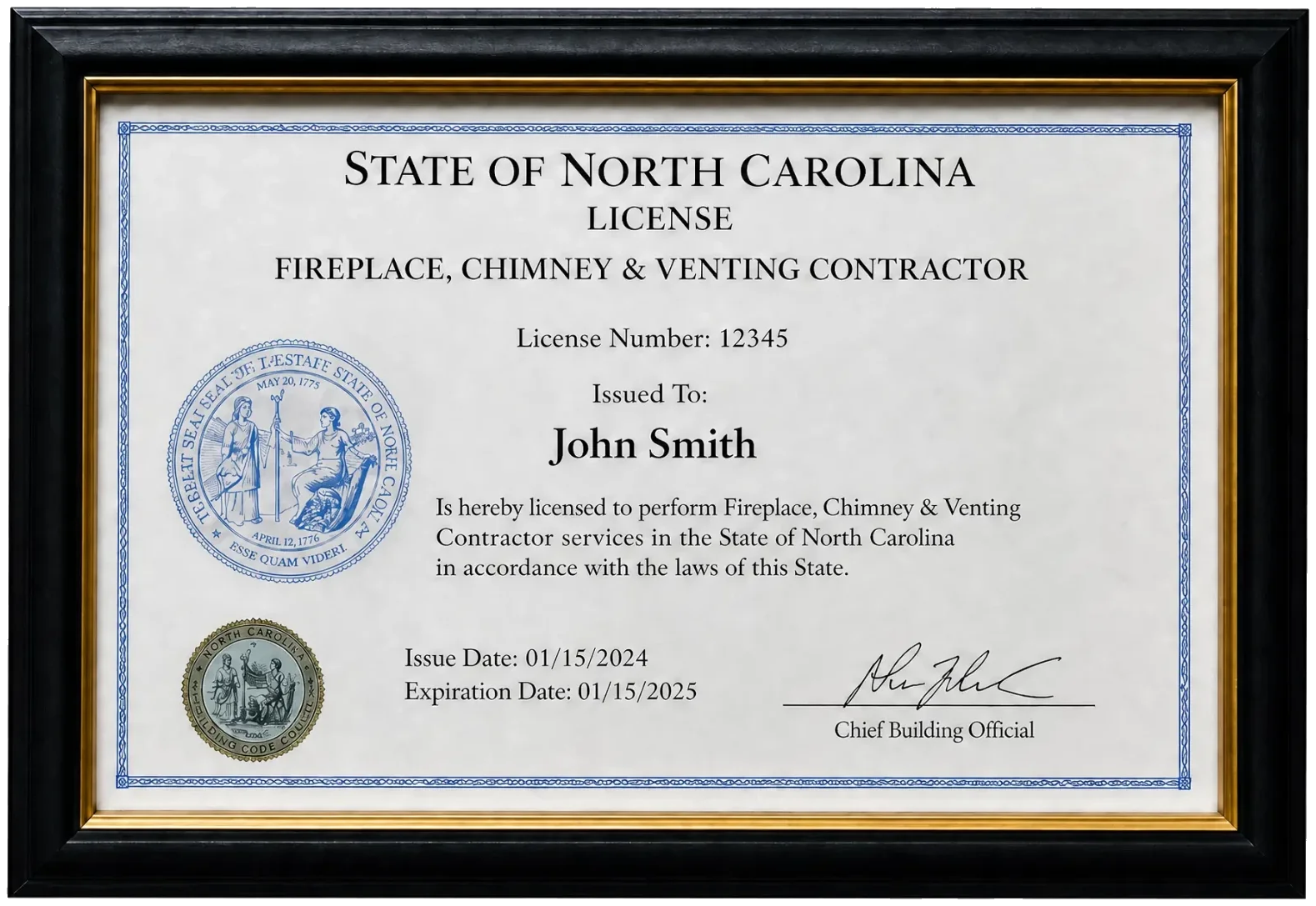 State licensed fireplace, chimney and venting contractor